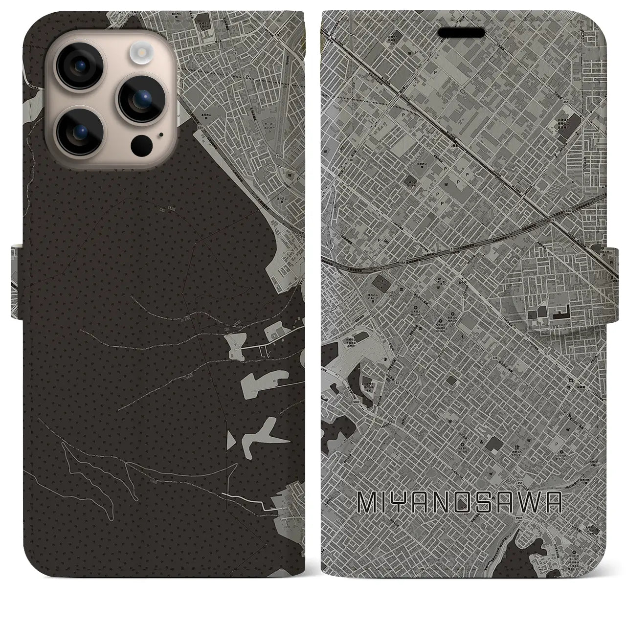 【宮の沢(北海道)】地図柄iPhoneケース(手帳タイプ)モノトーン・iPhone 16 Plus 用