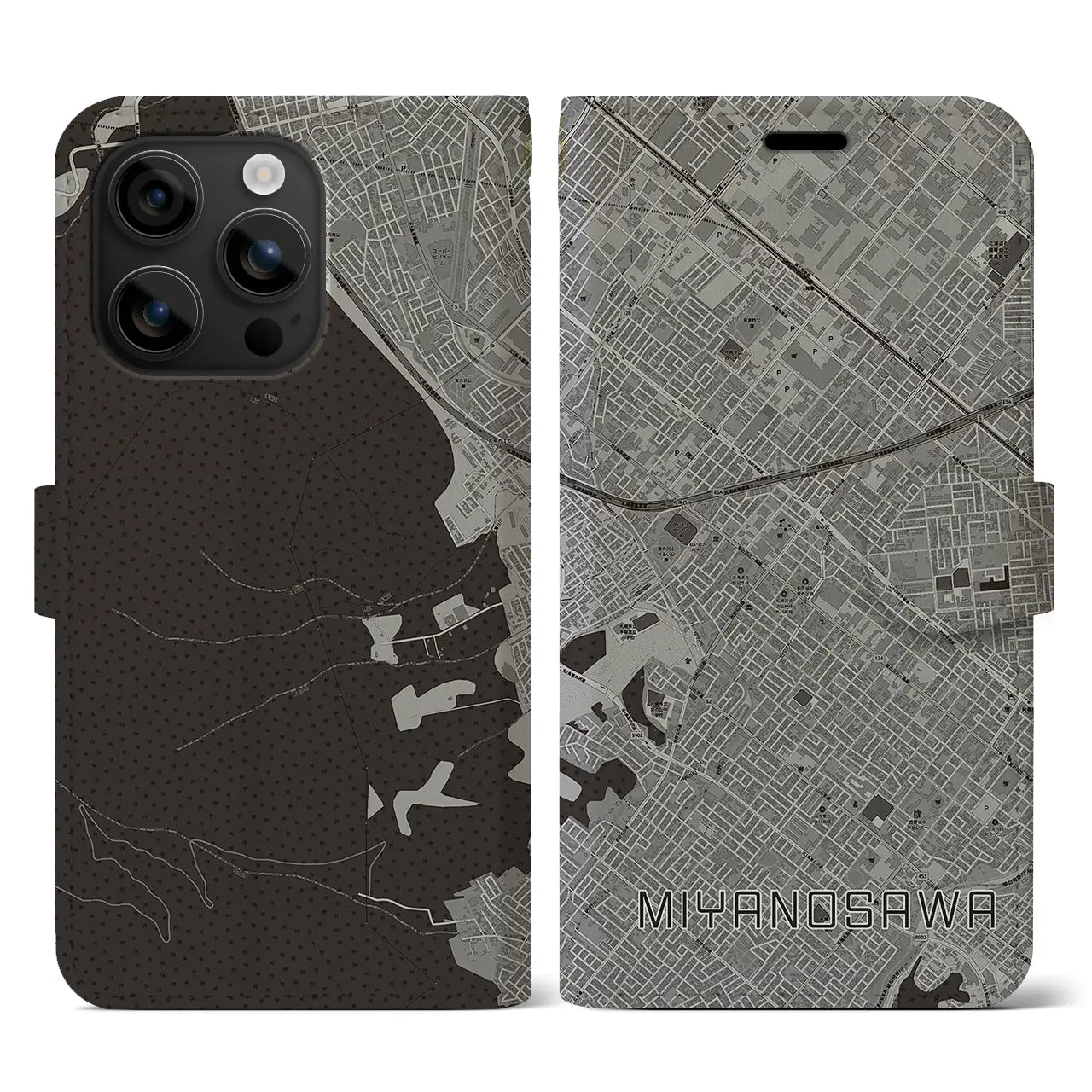 【宮の沢(北海道)】地図柄iPhoneケース(手帳タイプ)モノトーン・iPhone 16 用