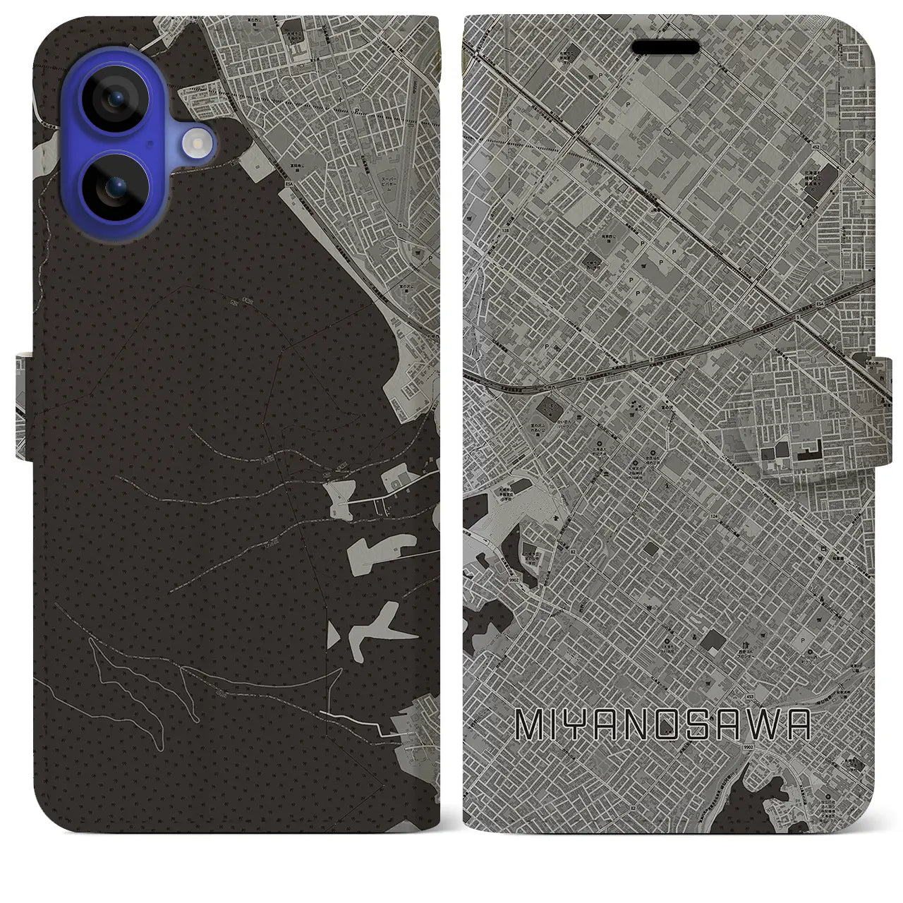 【宮の沢(北海道)】地図柄iPhoneケース(手帳タイプ)モノトーン・iPhone 16 Pro Max 用
