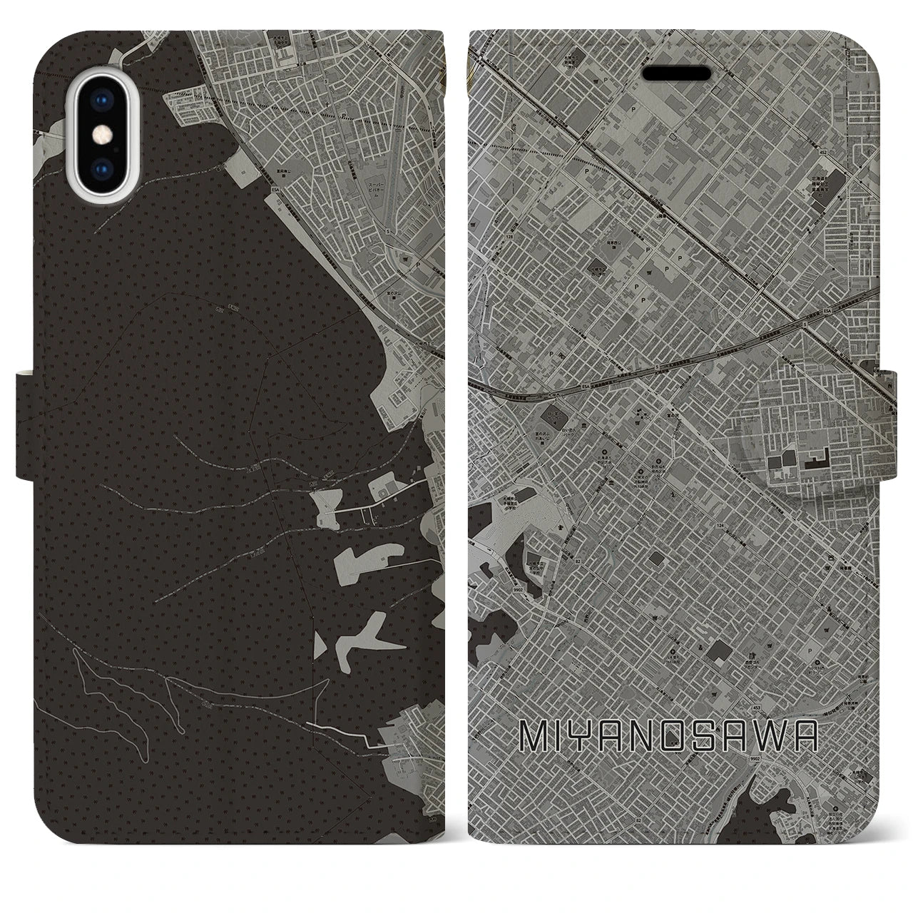 【宮の沢(北海道)】地図柄iPhoneケース(手帳タイプ)モノトーン・iPhone XS Max 用