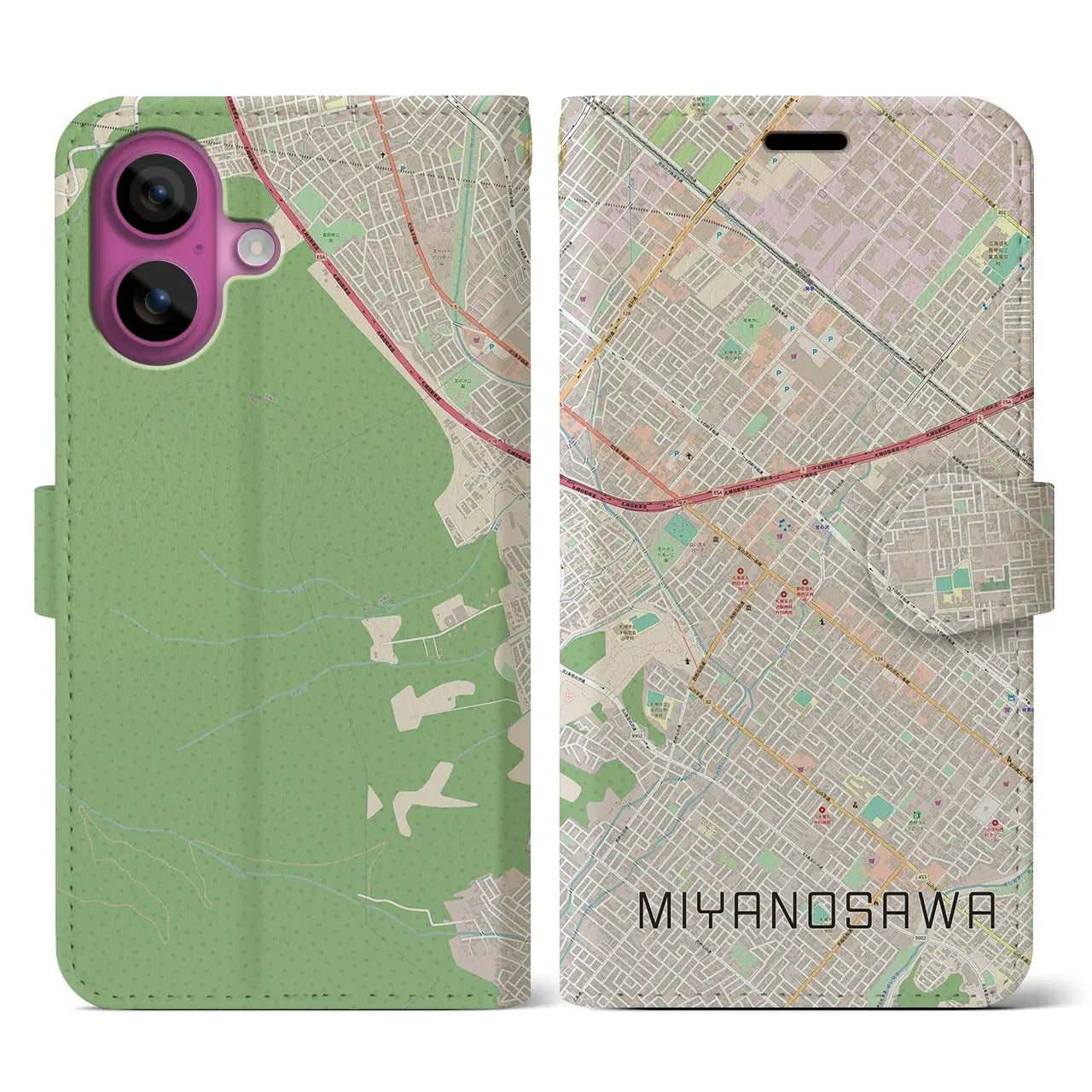 【宮の沢(北海道)】地図柄iPhoneケース(手帳タイプ)ナチュラル・iPhone 16 Pro 用