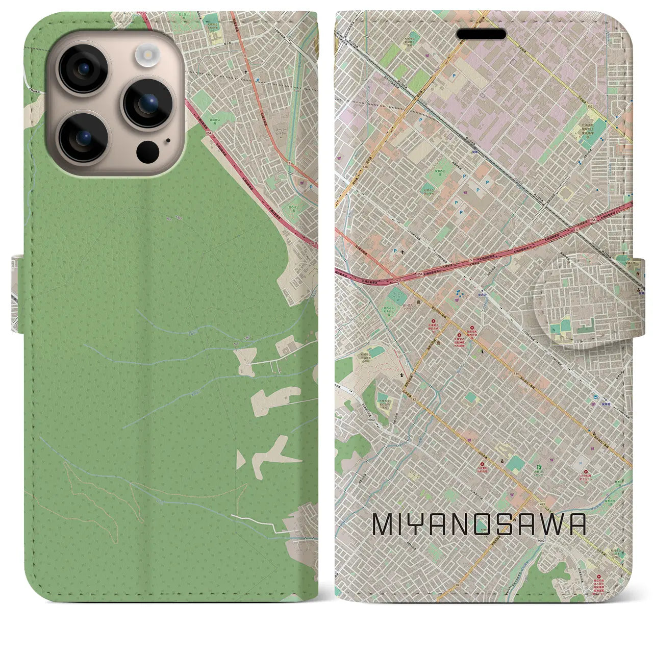 【宮の沢(北海道)】地図柄iPhoneケース(手帳タイプ)ナチュラル・iPhone 16 Plus 用