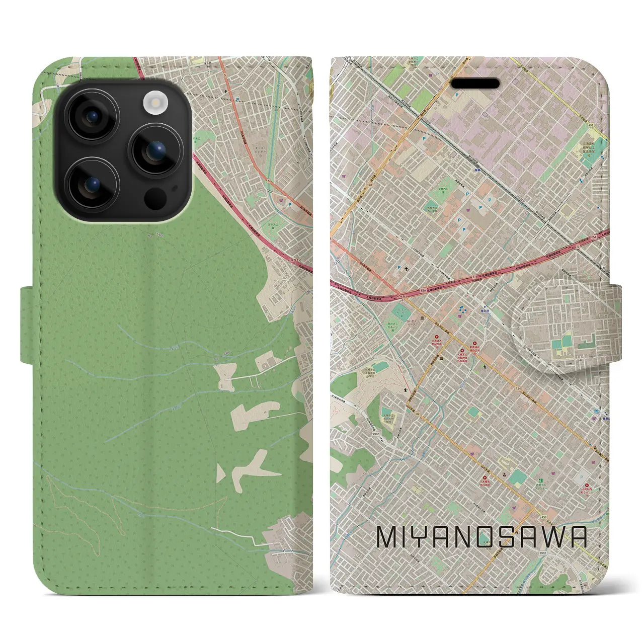 【宮の沢(北海道)】地図柄iPhoneケース(手帳タイプ)ナチュラル・iPhone 16 用