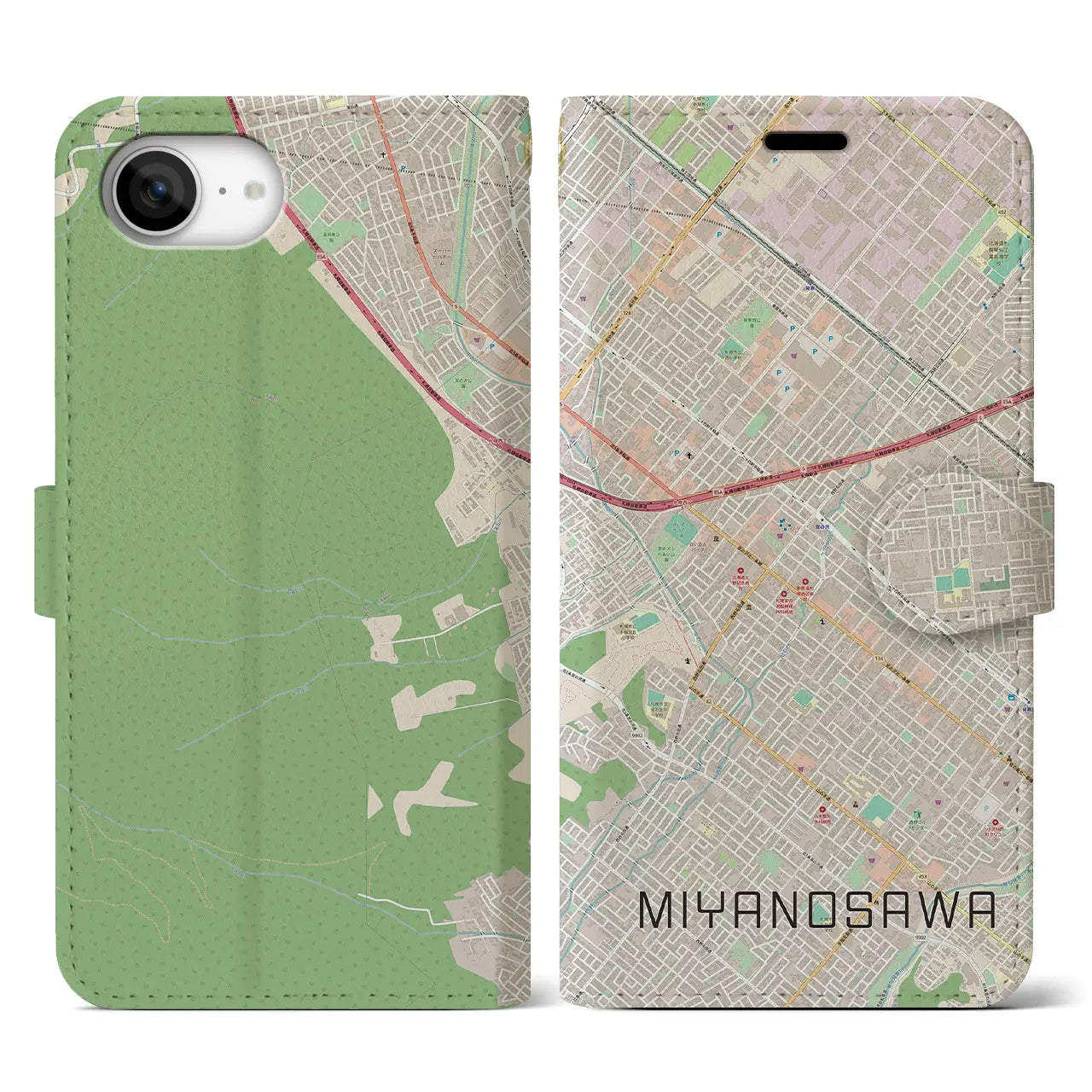 【宮の沢(北海道)】地図柄iPhoneケース(手帳タイプ)
