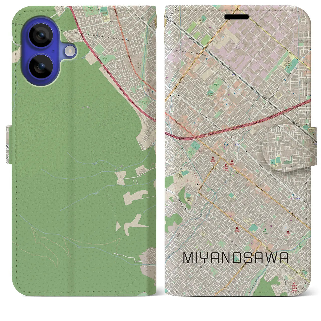 【宮の沢(北海道)】地図柄iPhoneケース(手帳タイプ)ナチュラル・iPhone 16 Pro Max 用