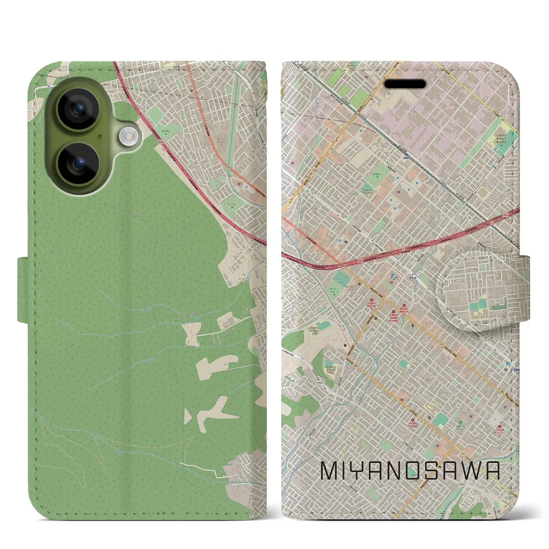 【宮の沢(北海道)】地図柄iPhoneケース(手帳タイプ)ナチュラル・iPhone 17 Pro Max 用