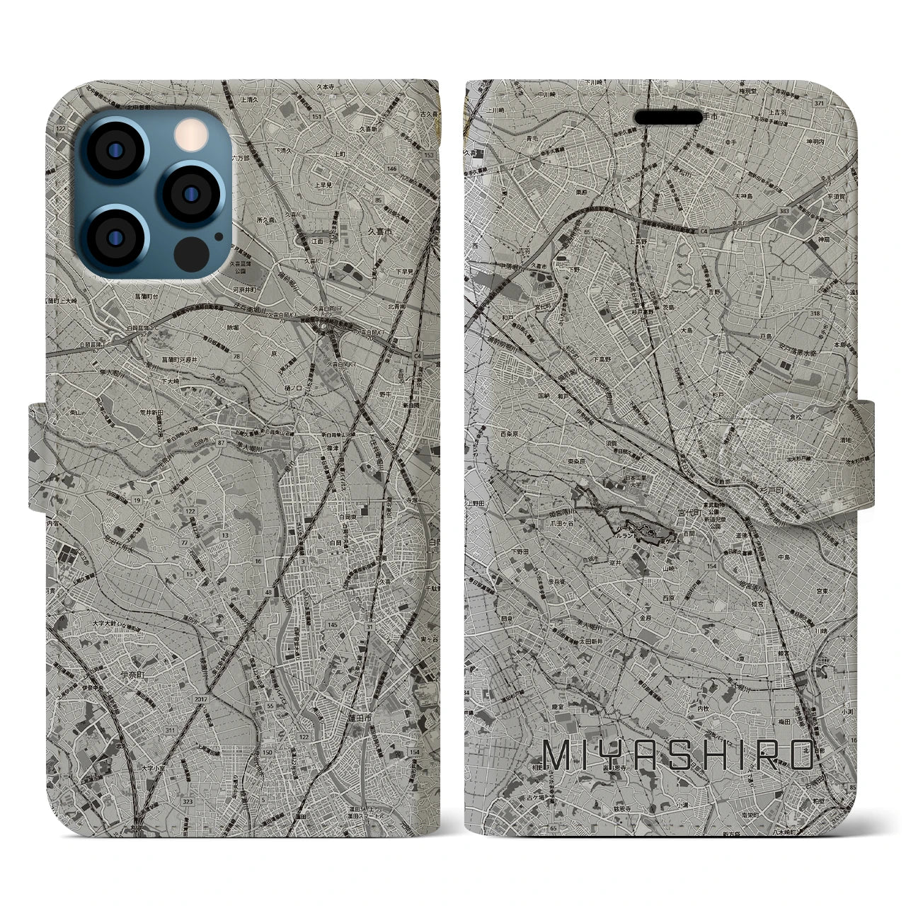 【宮代(埼玉県)】地図柄iPhoneケース(手帳タイプ)モノトーン・iPhone 12 / 12 Pro 用