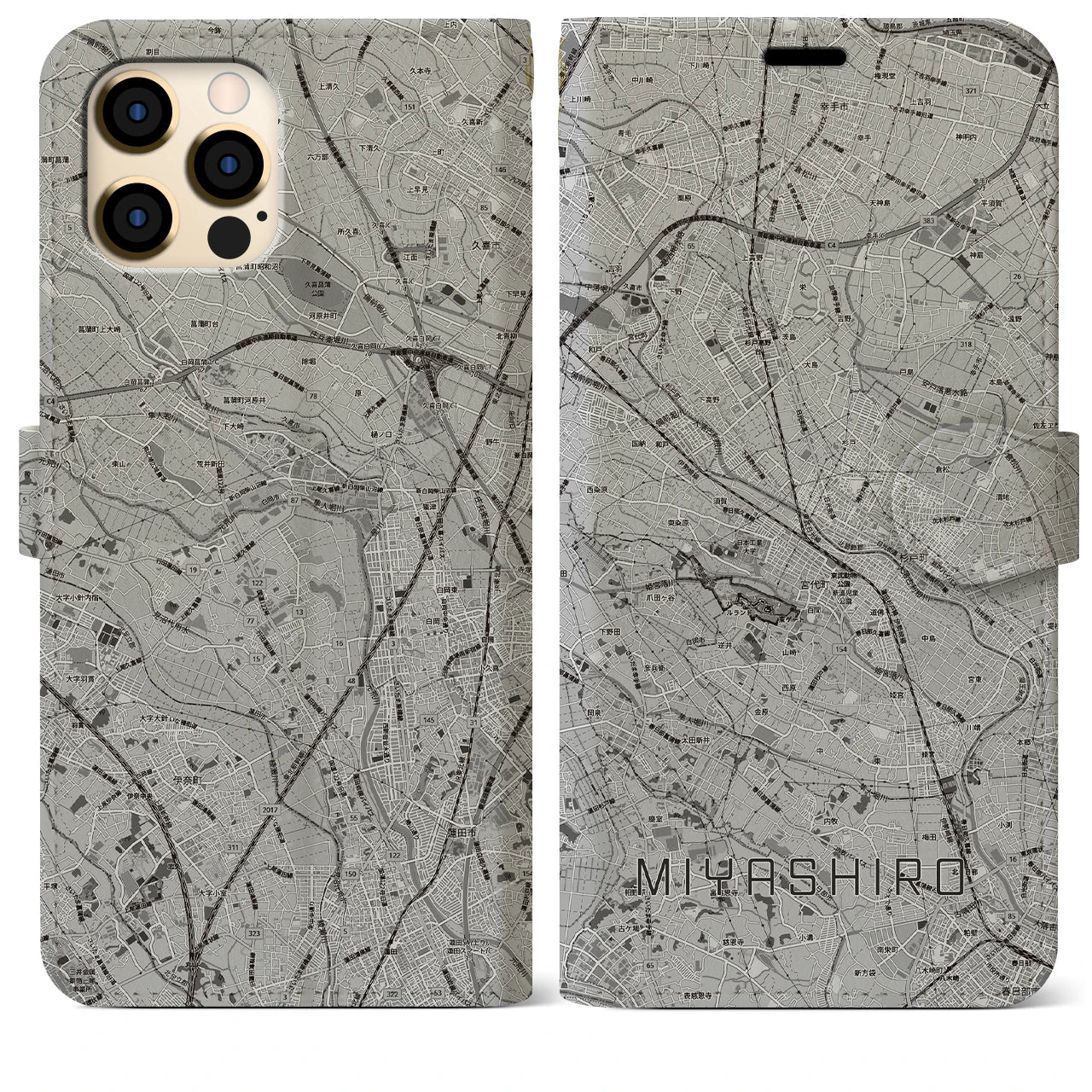 【宮代(埼玉県)】地図柄iPhoneケース(手帳タイプ)モノトーン・iPhone 12 Pro Max 用