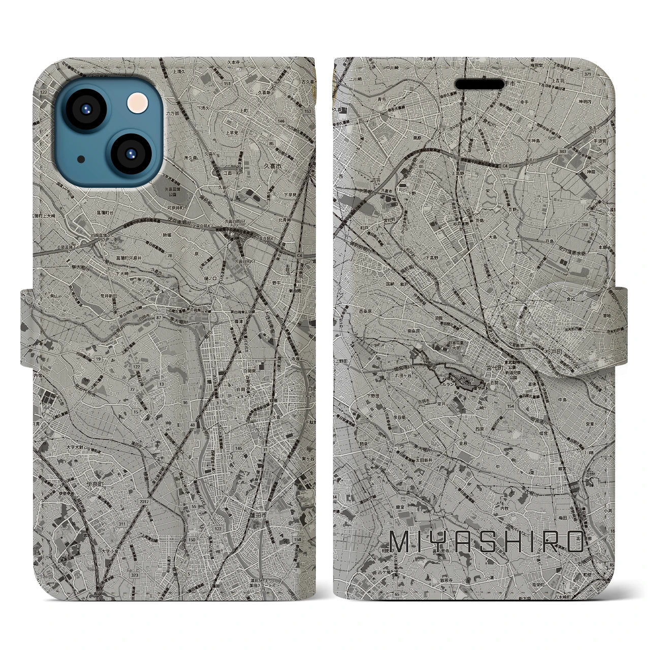 【宮代(埼玉県)】地図柄iPhoneケース(手帳タイプ)モノトーン・iPhone 13 用