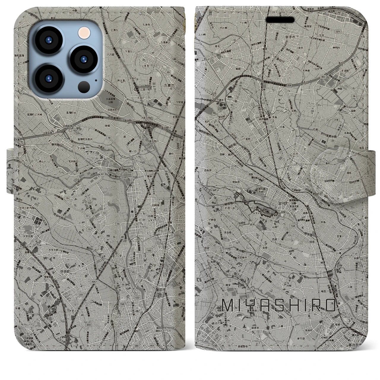 【宮代(埼玉県)】地図柄iPhoneケース(手帳タイプ)モノトーン・iPhone 13 Pro Max 用