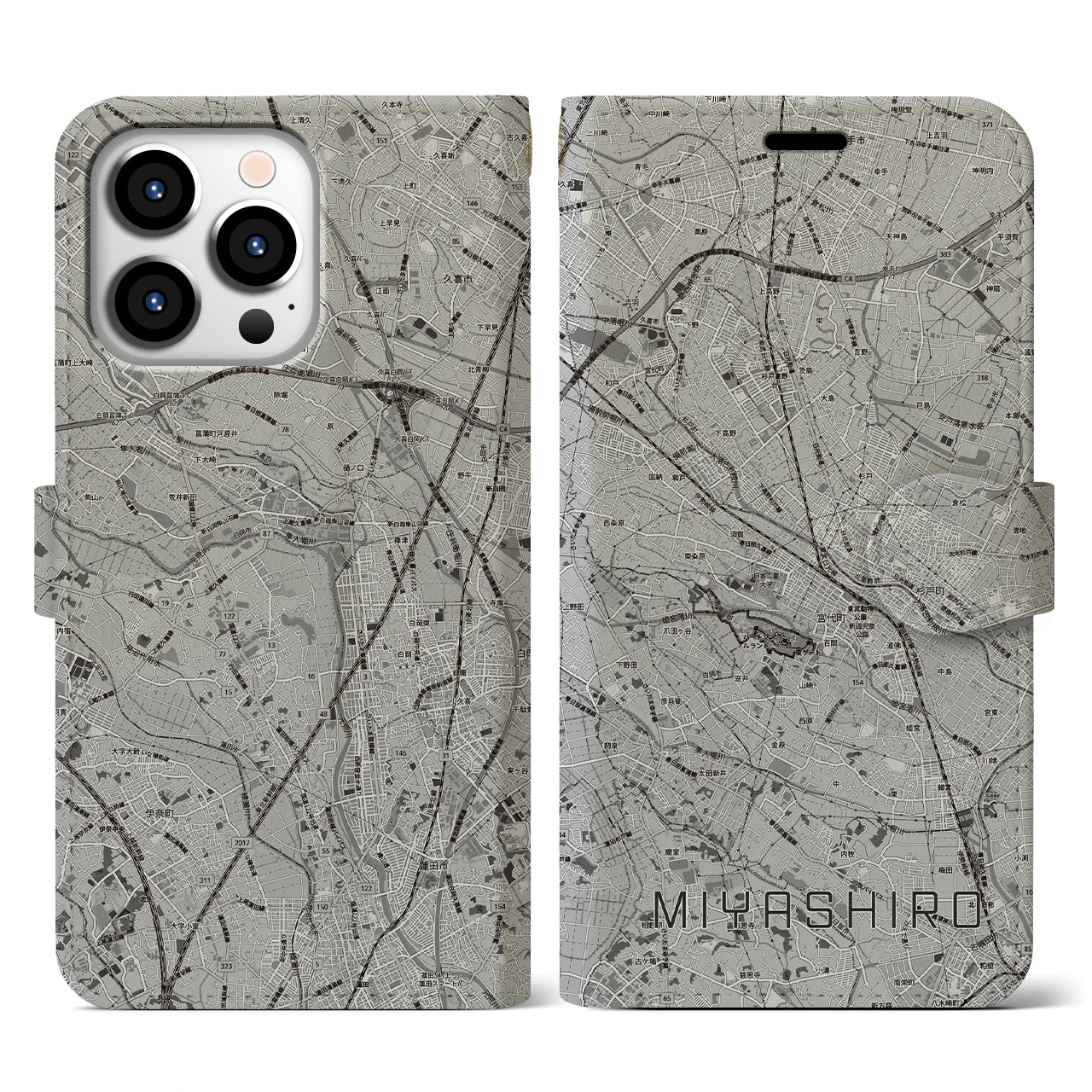 【宮代(埼玉県)】地図柄iPhoneケース(手帳タイプ)モノトーン・iPhone 13 Pro 用
