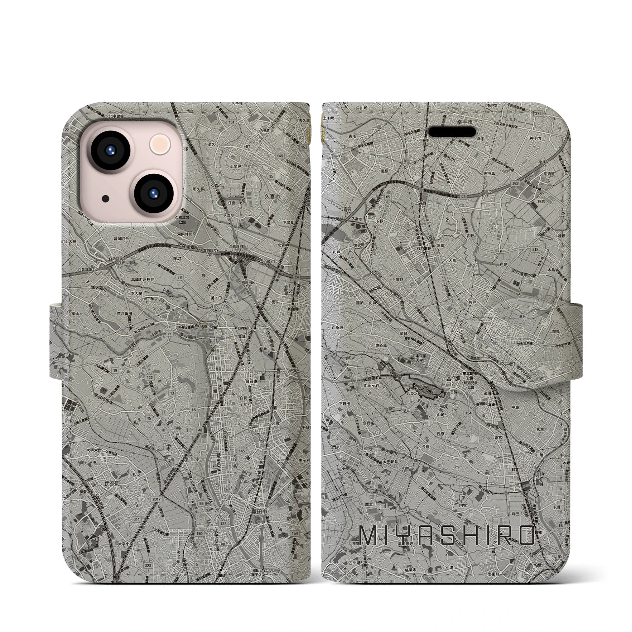 【宮代(埼玉県)】地図柄iPhoneケース(手帳タイプ)モノトーン・iPhone 13 mini 用