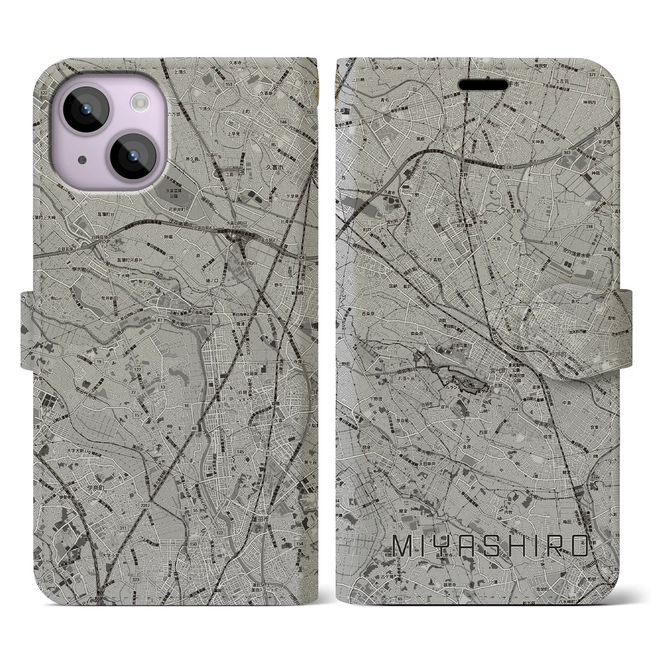 【宮代(埼玉県)】地図柄iPhoneケース(手帳タイプ)モノトーン・iPhone 14 用