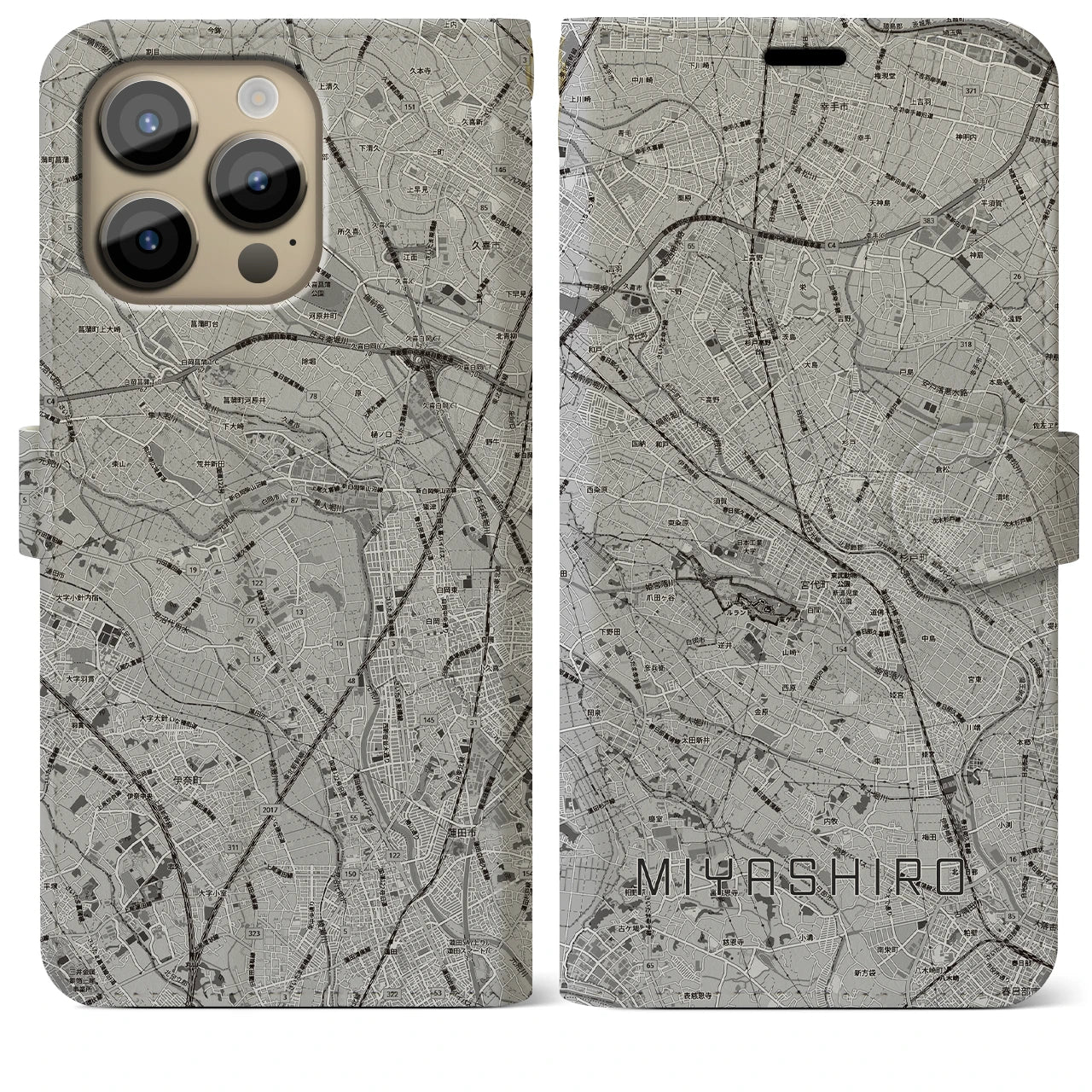 【宮代(埼玉県)】地図柄iPhoneケース(手帳タイプ)モノトーン・iPhone 14 Pro Max 用
