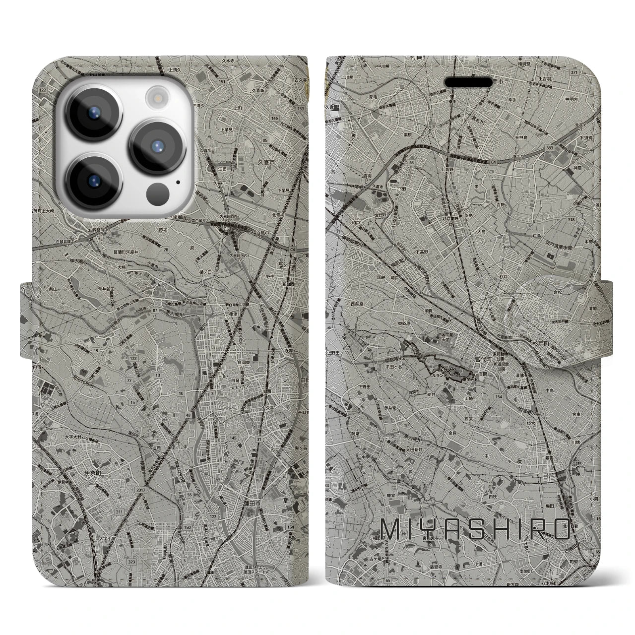 【宮代(埼玉県)】地図柄iPhoneケース(手帳タイプ)モノトーン・iPhone 14 Pro 用