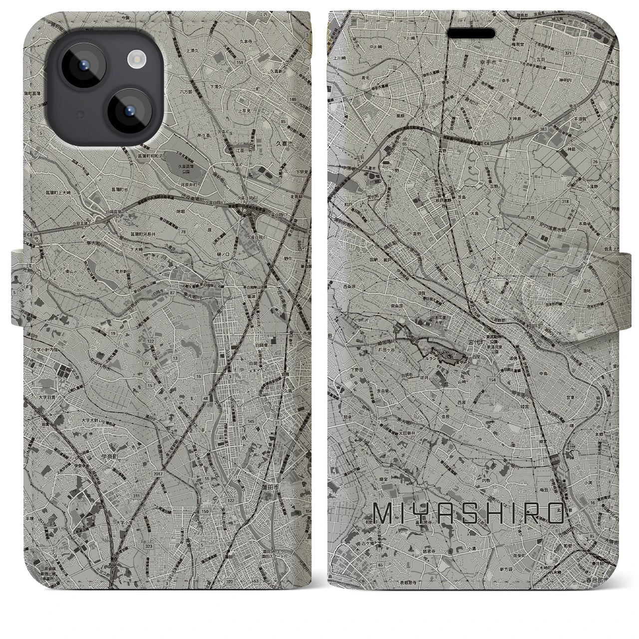 【宮代(埼玉県)】地図柄iPhoneケース(手帳タイプ)モノトーン・iPhone 14 Plus 用