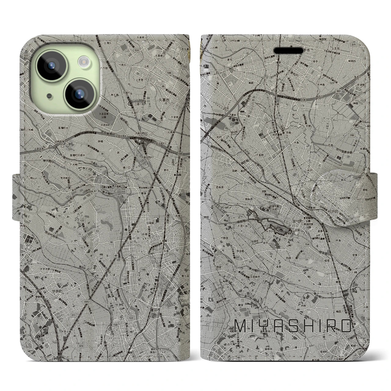 【宮代(埼玉県)】地図柄iPhoneケース(手帳タイプ)モノトーン・iPhone 15 用