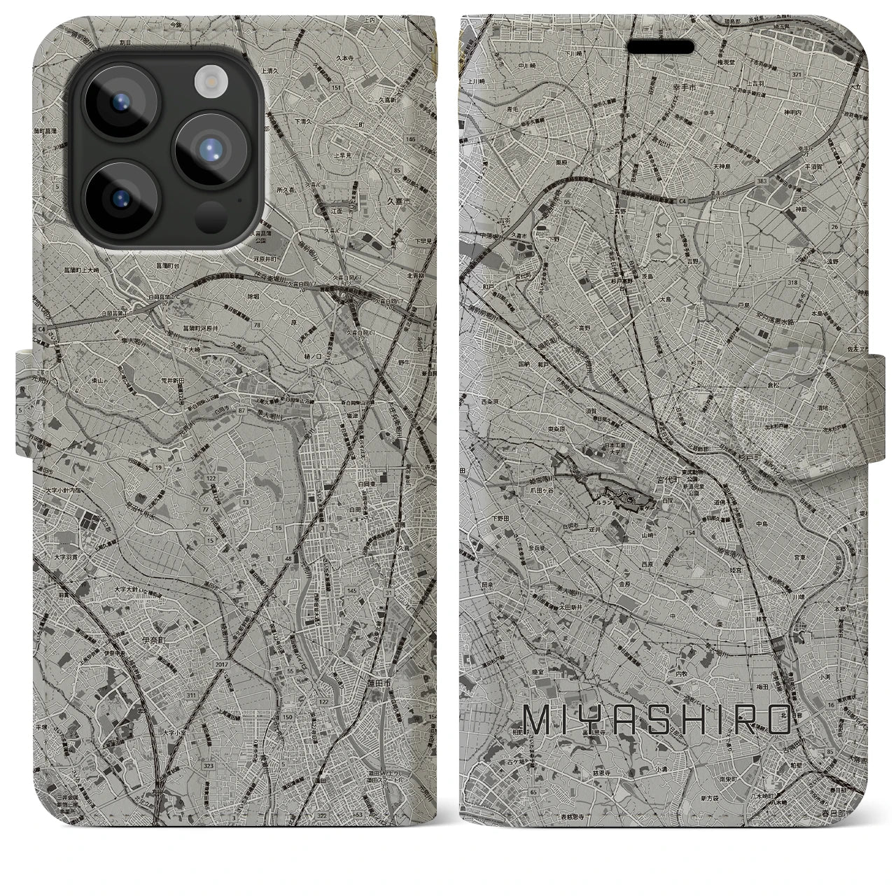 【宮代(埼玉県)】地図柄iPhoneケース(手帳タイプ)モノトーン・iPhone 15 Pro Max 用