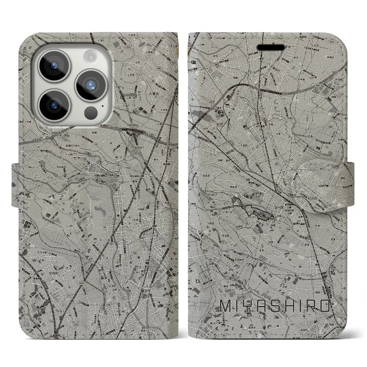 【宮代(埼玉県)】地図柄iPhoneケース(手帳タイプ)モノトーン・iPhone 15 Pro 用