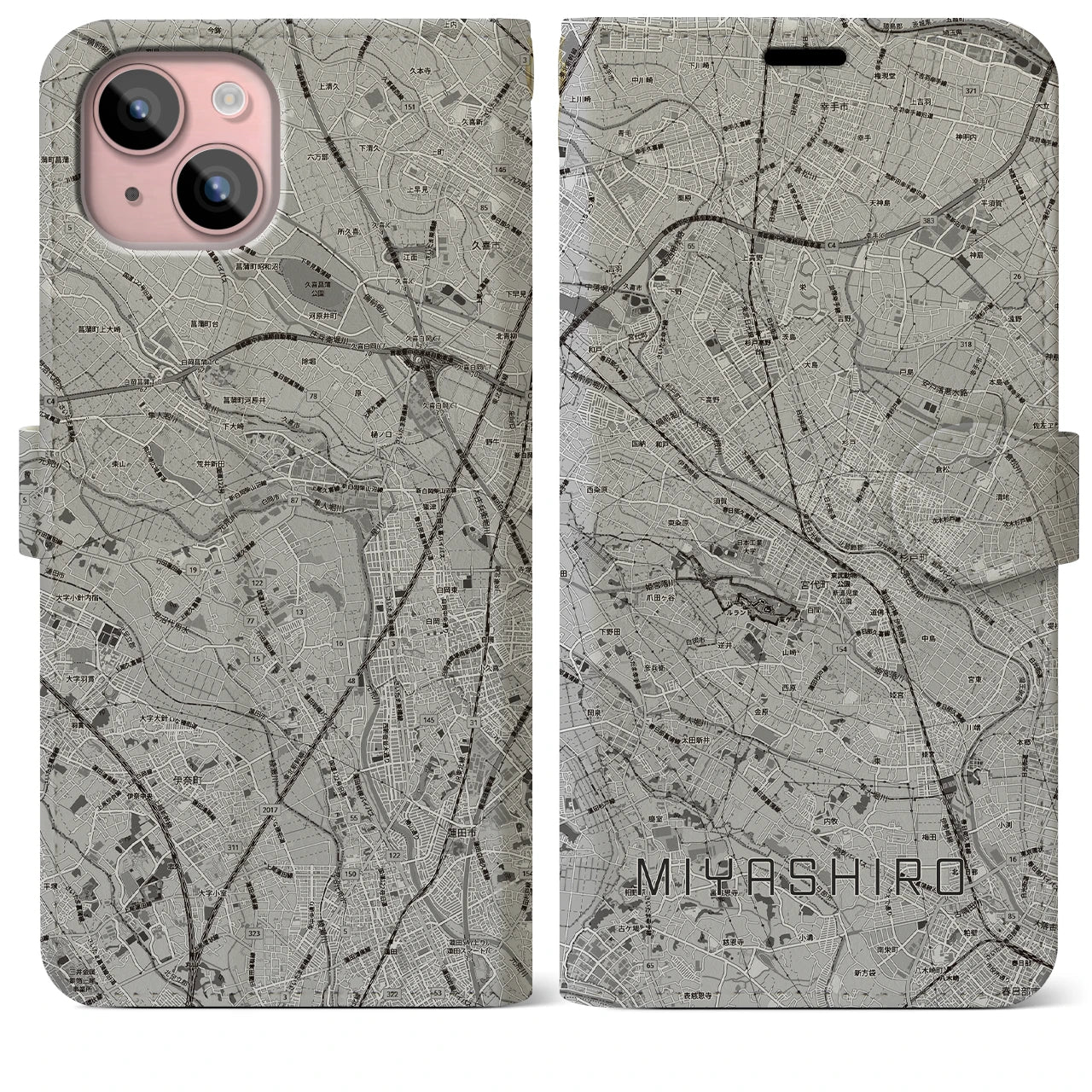 【宮代(埼玉県)】地図柄iPhoneケース(手帳タイプ)モノトーン・iPhone 15 Plus 用