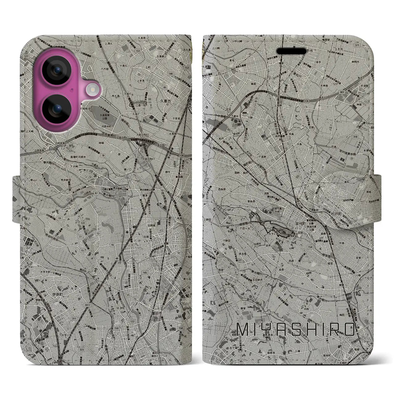 【宮代(埼玉県)】地図柄iPhoneケース(手帳タイプ)モノトーン・iPhone 16 Pro 用