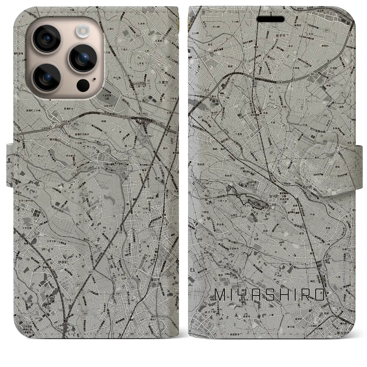 【宮代(埼玉県)】地図柄iPhoneケース(手帳タイプ)モノトーン・iPhone 16 Plus 用