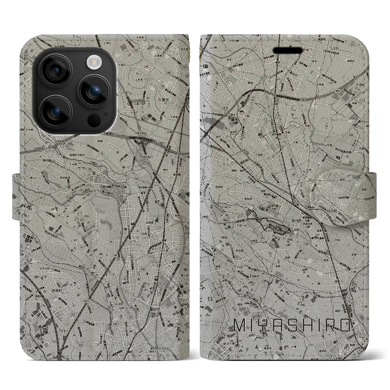 【宮代(埼玉県)】地図柄iPhoneケース(手帳タイプ)モノトーン・iPhone 16 用