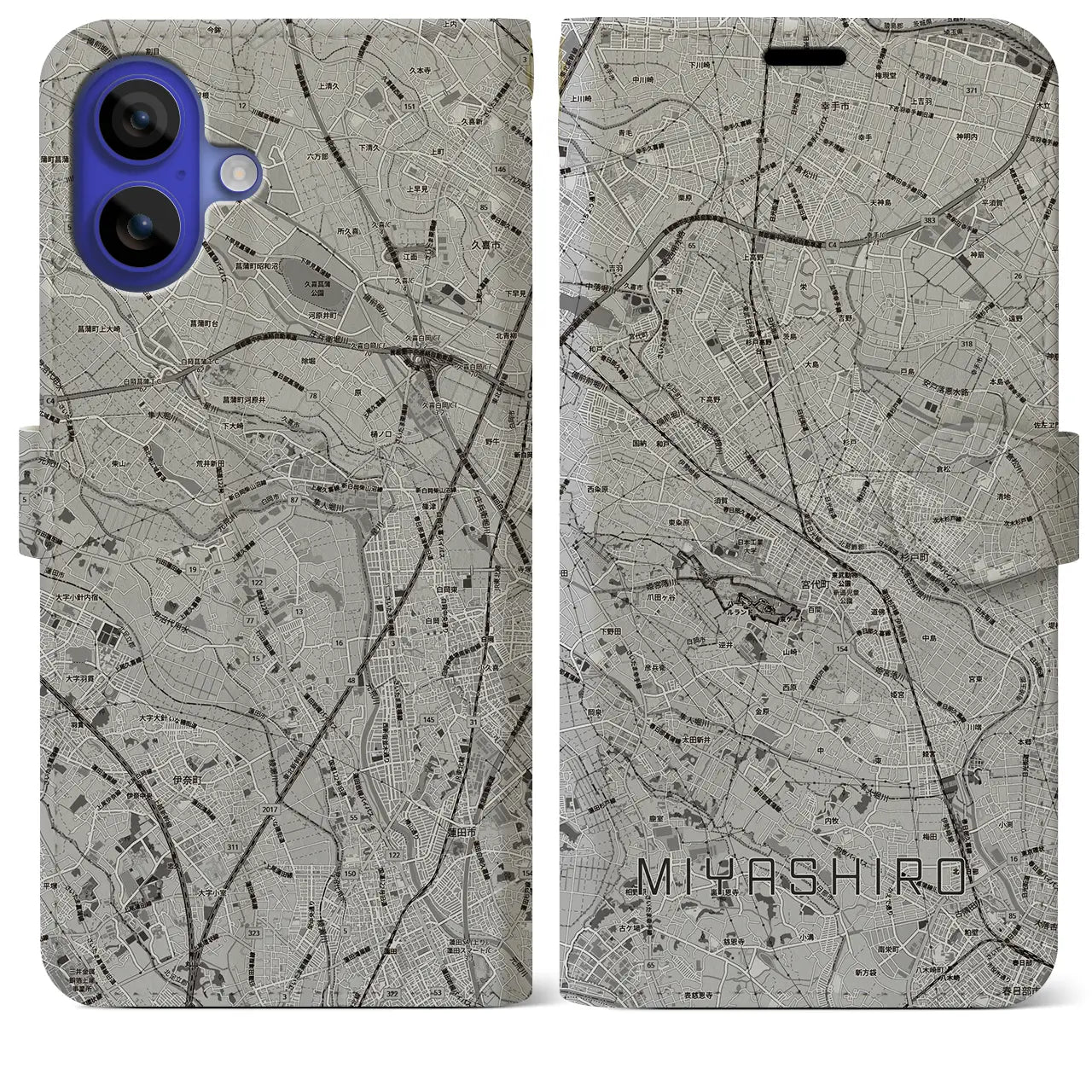 【宮代(埼玉県)】地図柄iPhoneケース(手帳タイプ)モノトーン・iPhone 16 Pro Max 用