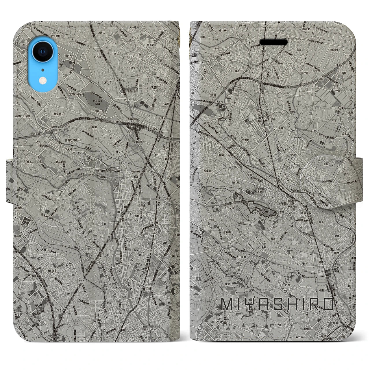 【宮代(埼玉県)】地図柄iPhoneケース(手帳タイプ)モノトーン・iPhone XR 用