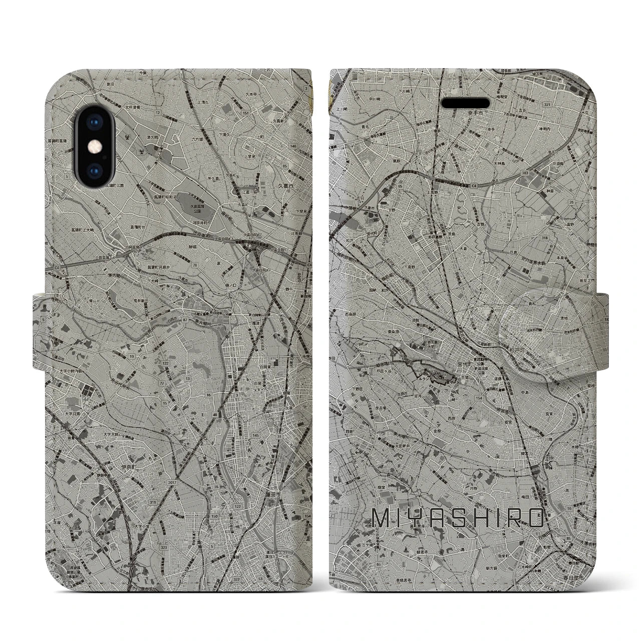 【宮代(埼玉県)】地図柄iPhoneケース(手帳タイプ)モノトーン・iPhone XS / X 用