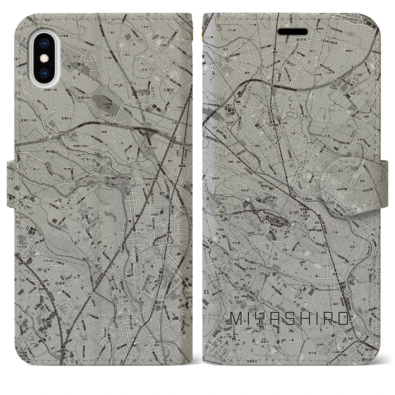 【宮代(埼玉県)】地図柄iPhoneケース(手帳タイプ)モノトーン・iPhone XS Max 用