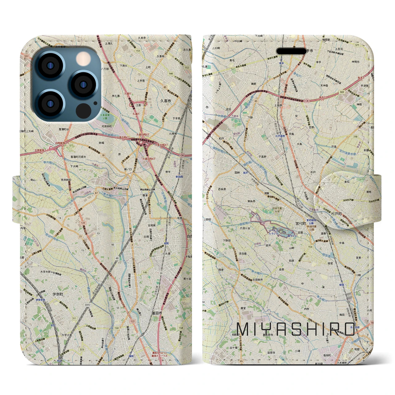 【宮代(埼玉県)】地図柄iPhoneケース(手帳タイプ)ナチュラル・iPhone 12 / 12 Pro 用