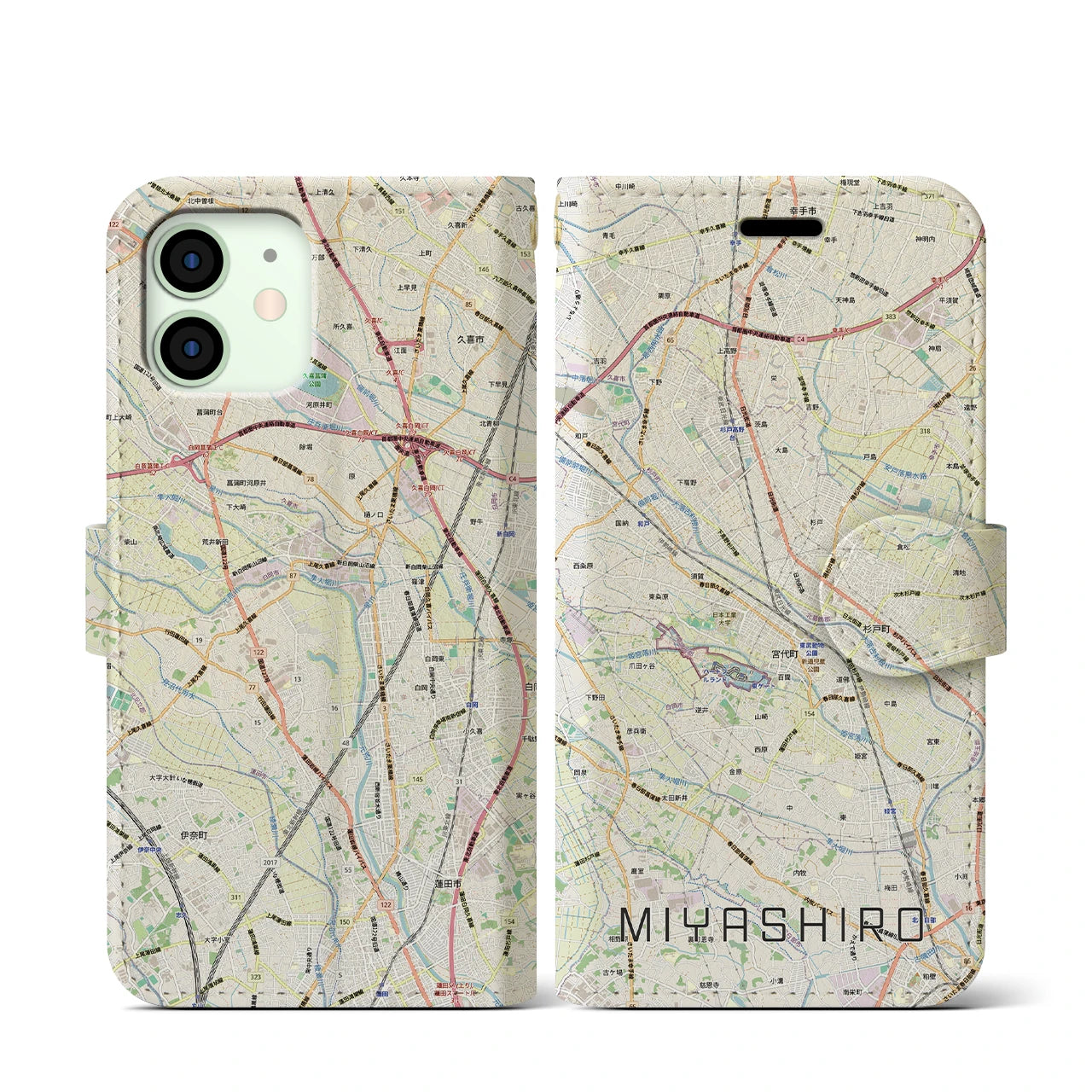 【宮代(埼玉県)】地図柄iPhoneケース(手帳タイプ)ナチュラル・iPhone 12 mini 用