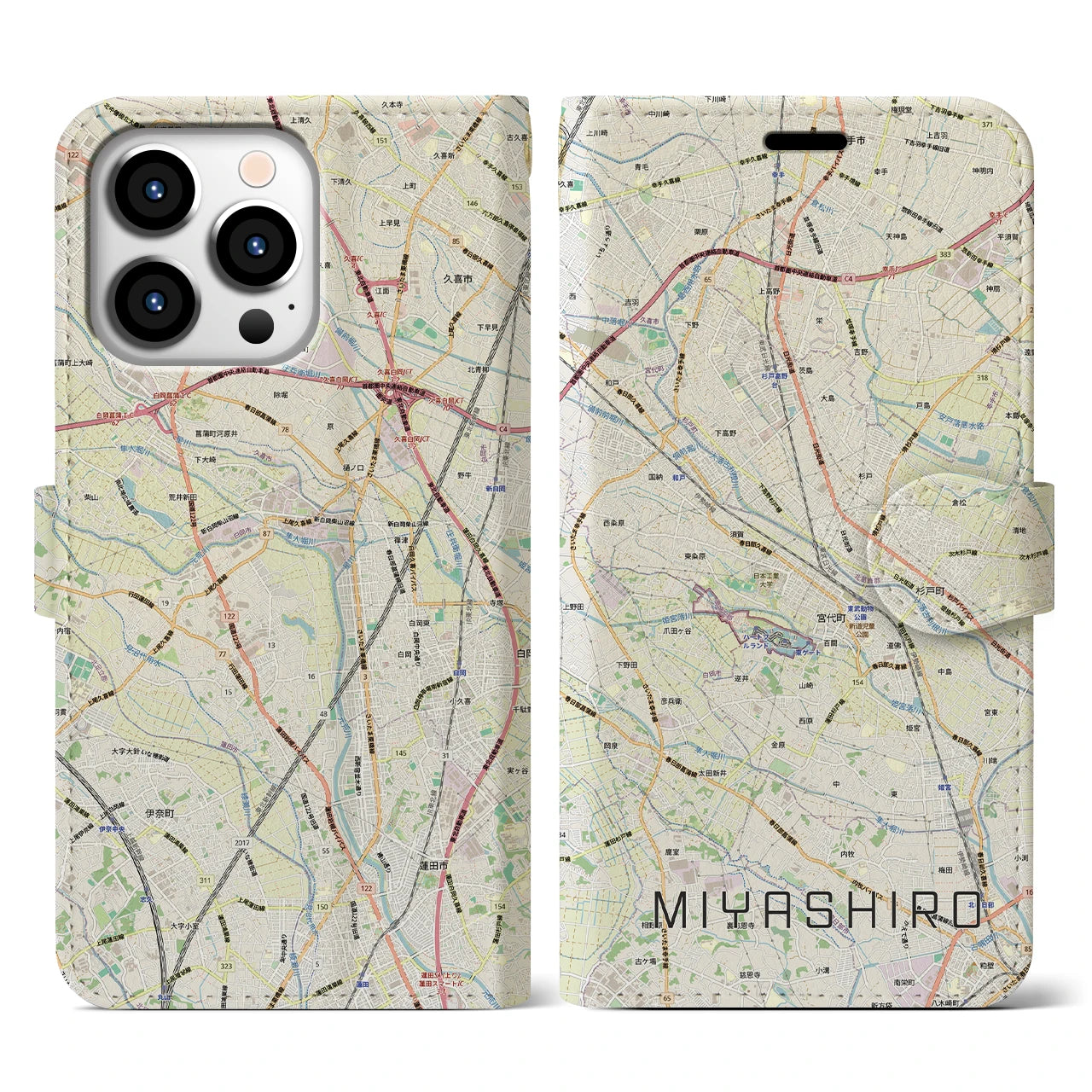 【宮代(埼玉県)】地図柄iPhoneケース(手帳タイプ)ナチュラル・iPhone 13 Pro 用