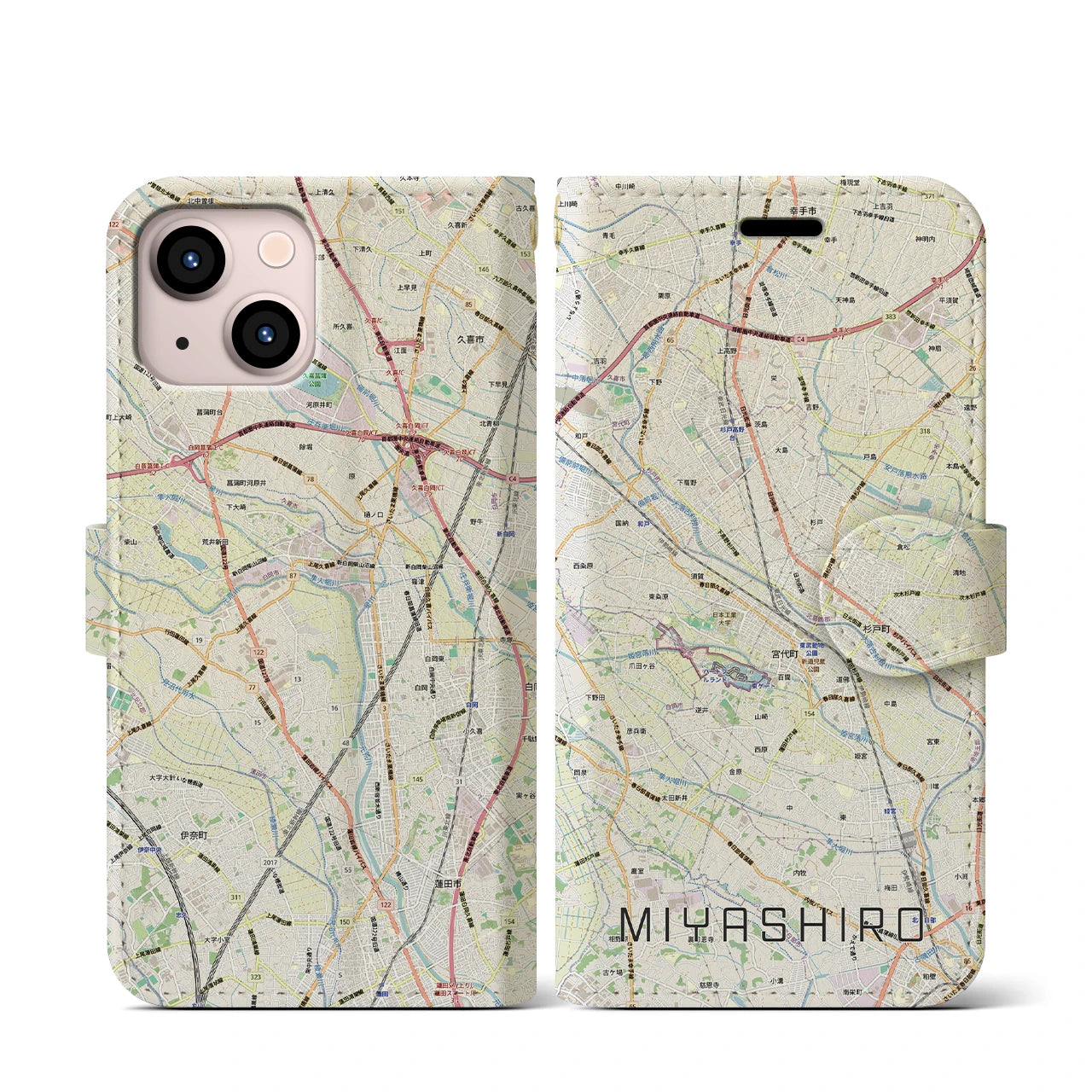 【宮代(埼玉県)】地図柄iPhoneケース(手帳タイプ)ナチュラル・iPhone 13 mini 用