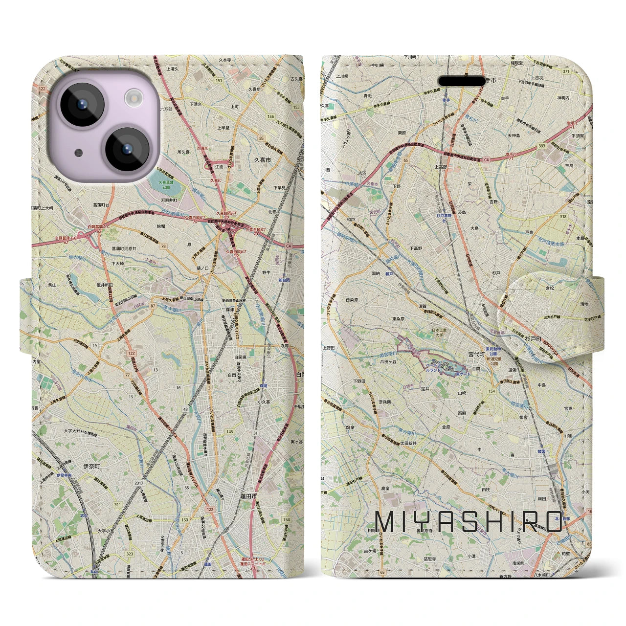 【宮代(埼玉県)】地図柄iPhoneケース(手帳タイプ)ナチュラル・iPhone 14 用