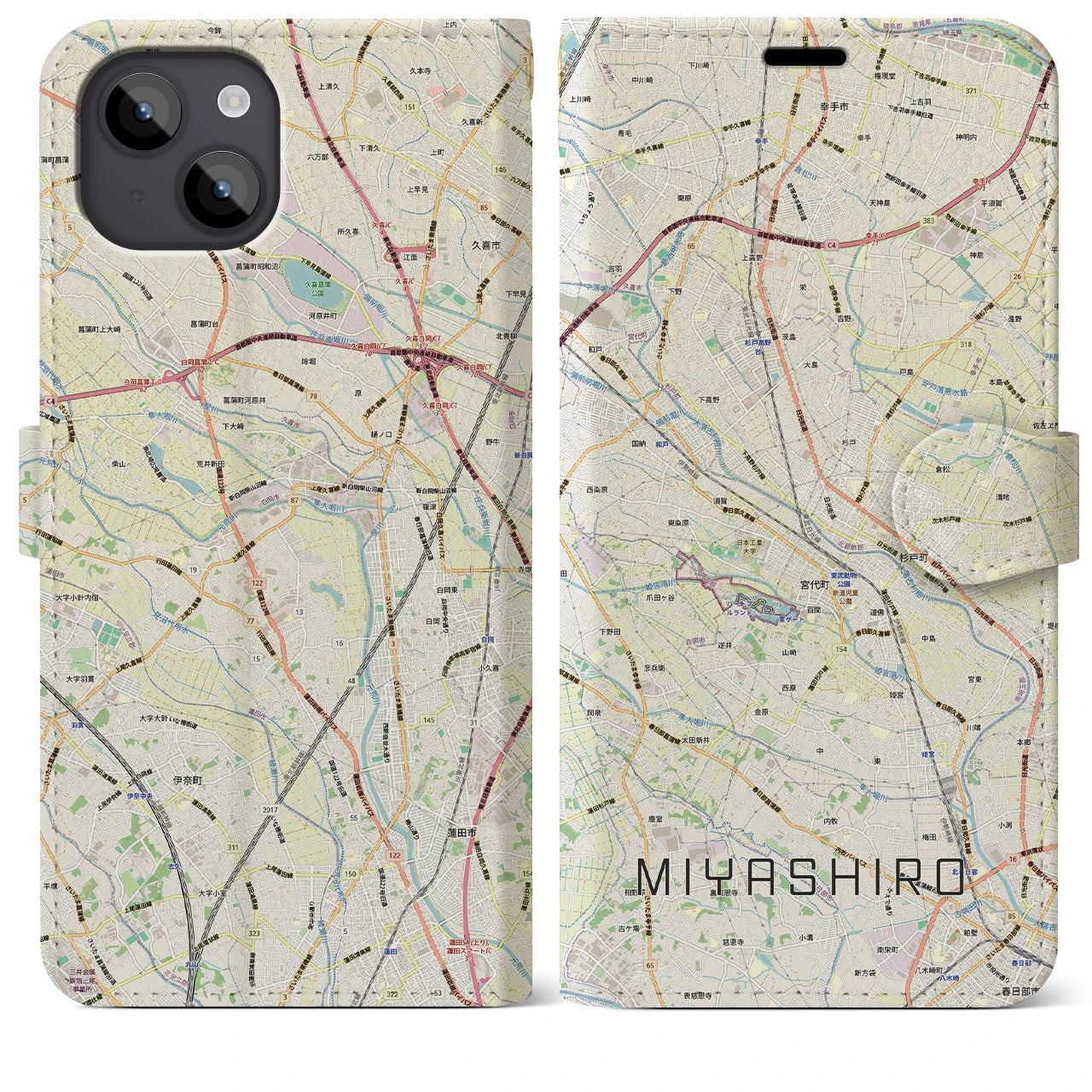 【宮代(埼玉県)】地図柄iPhoneケース(手帳タイプ)ナチュラル・iPhone 14 Plus 用