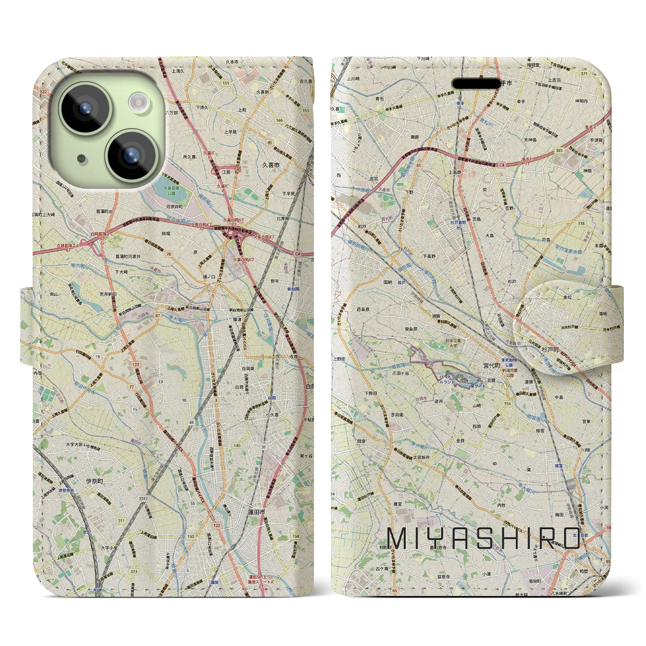 【宮代(埼玉県)】地図柄iPhoneケース(手帳タイプ)ナチュラル・iPhone 15 用