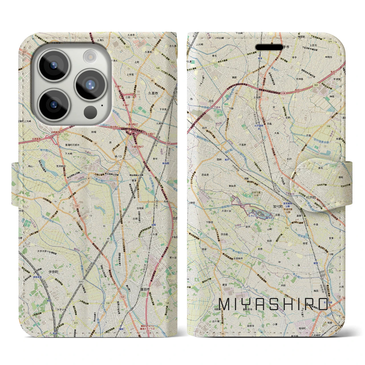 【宮代(埼玉県)】地図柄iPhoneケース(手帳タイプ)ナチュラル・iPhone 15 Pro 用
