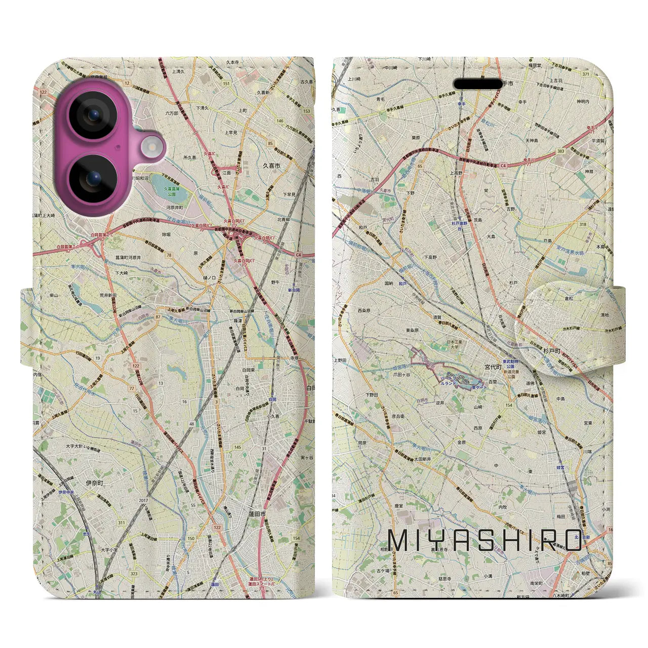【宮代(埼玉県)】地図柄iPhoneケース(手帳タイプ)ナチュラル・iPhone 16 Pro 用