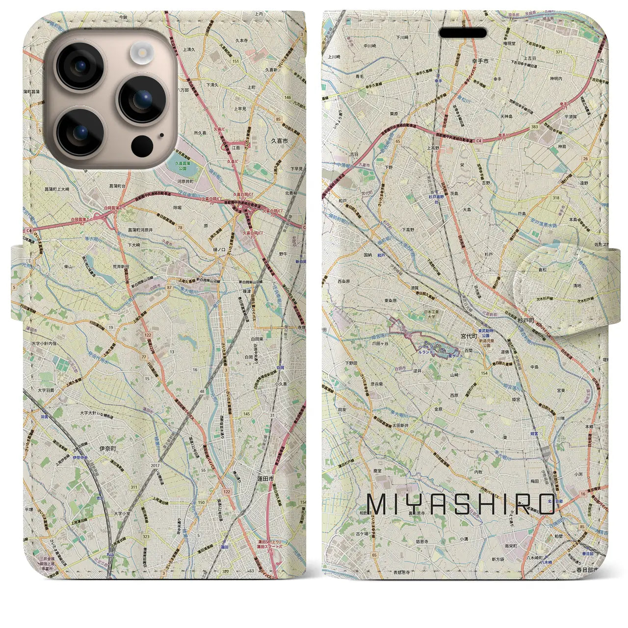 【宮代(埼玉県)】地図柄iPhoneケース(手帳タイプ)ナチュラル・iPhone 16 Plus 用