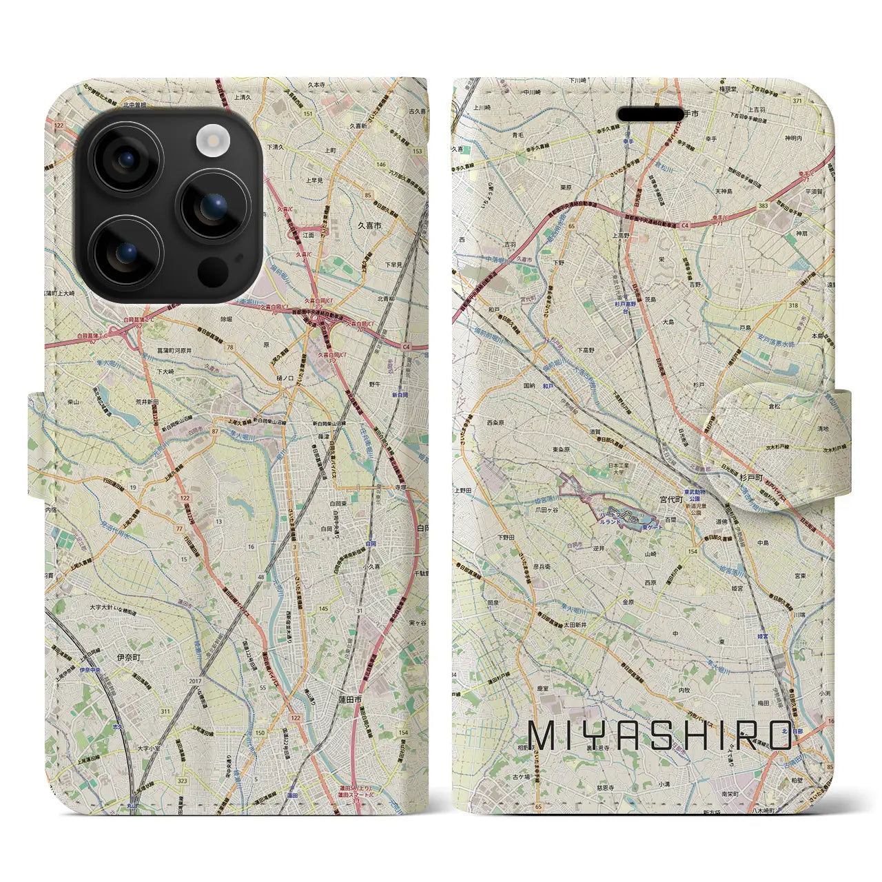 【宮代(埼玉県)】地図柄iPhoneケース(手帳タイプ)ナチュラル・iPhone 16 用