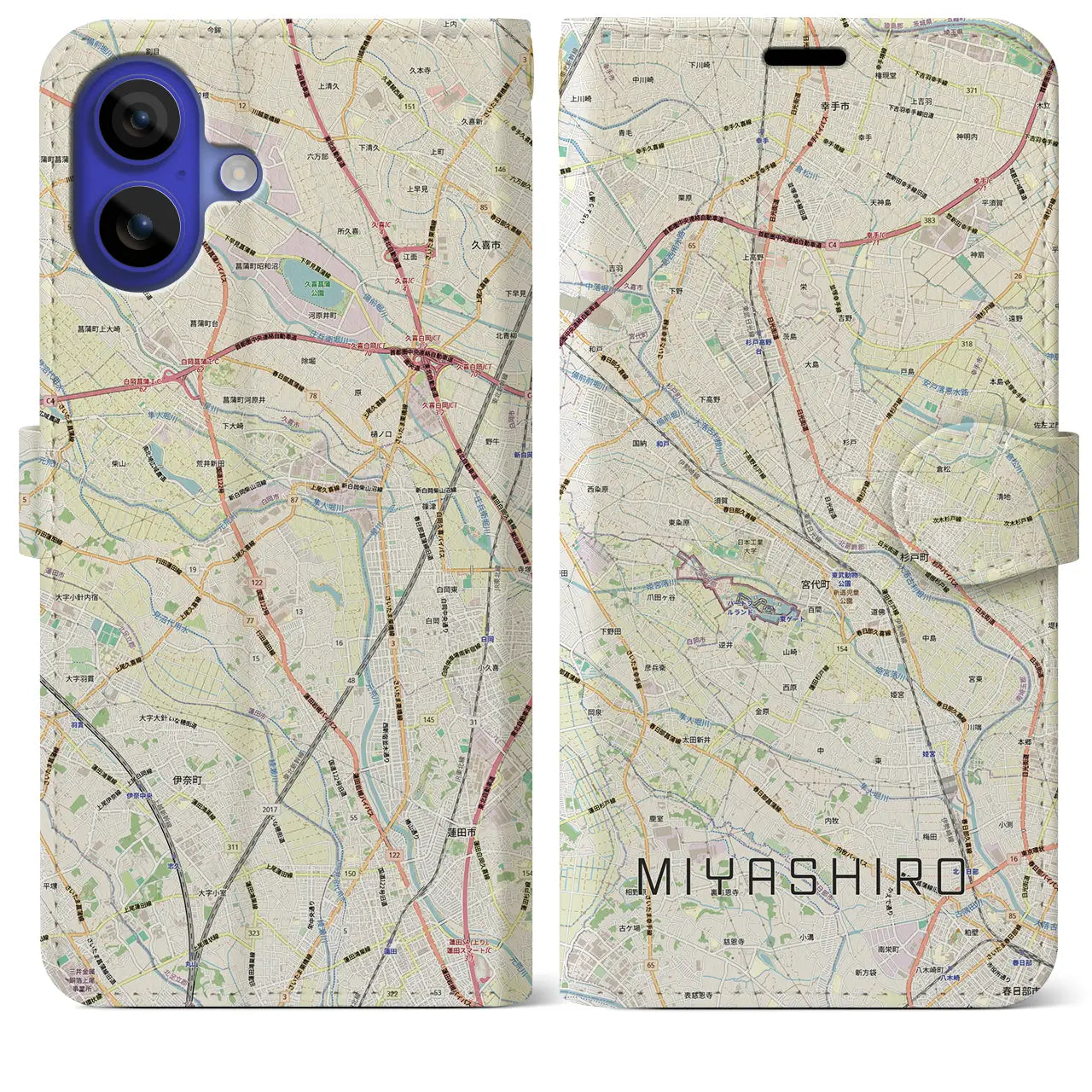 【宮代(埼玉県)】地図柄iPhoneケース(手帳タイプ)ナチュラル・iPhone 16 Pro Max 用