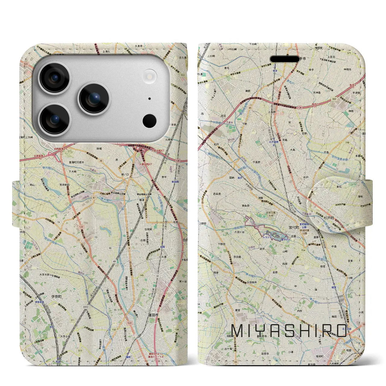 【宮代(埼玉県)】地図柄iPhoneケース(手帳タイプ)ナチュラル・iPhone 17 Pro Max 用