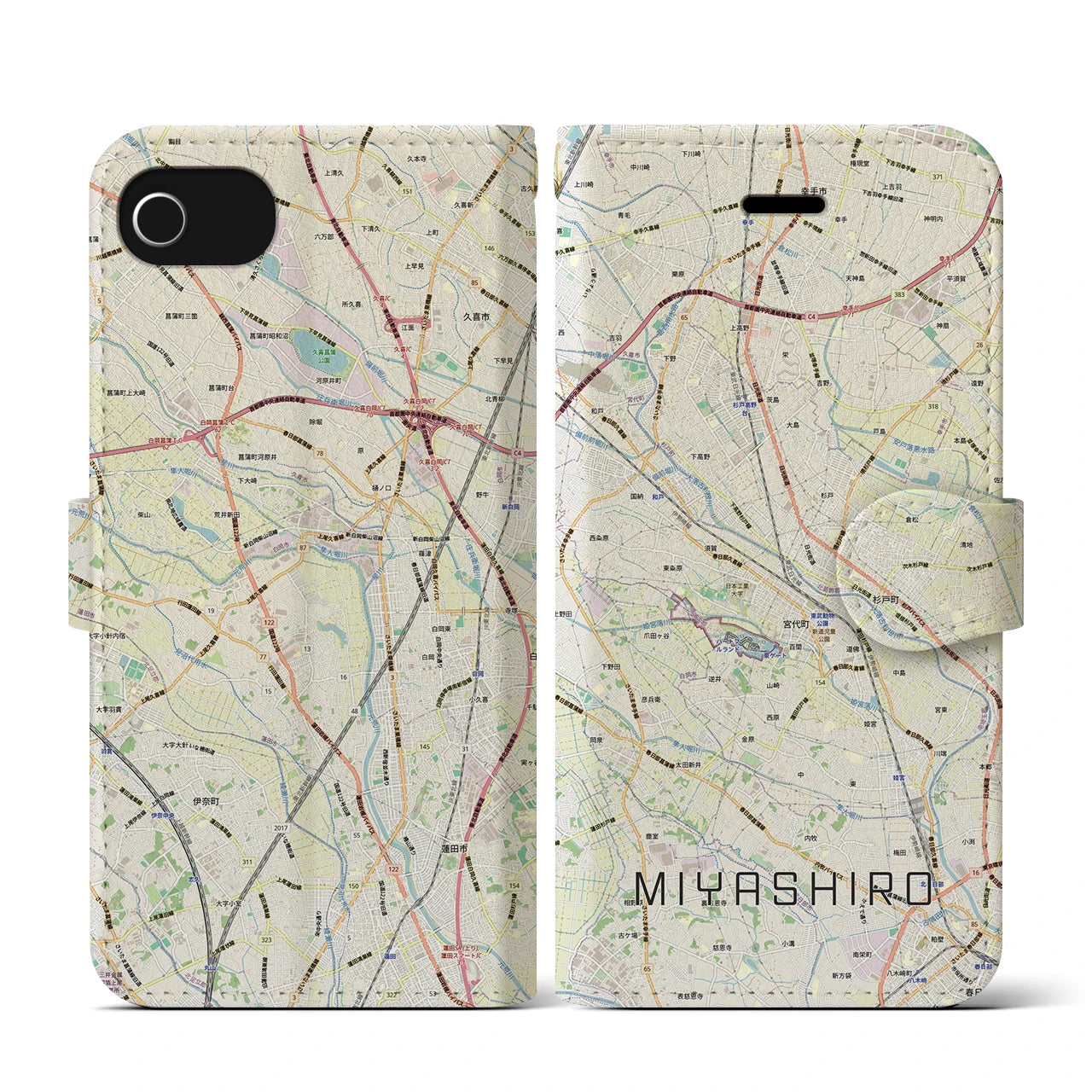 【宮代(埼玉県)】地図柄iPhoneケース(手帳タイプ)ナチュラル・iPhone SE(第3 / 第2世代) / 8 / 7 / 6s / 6 用