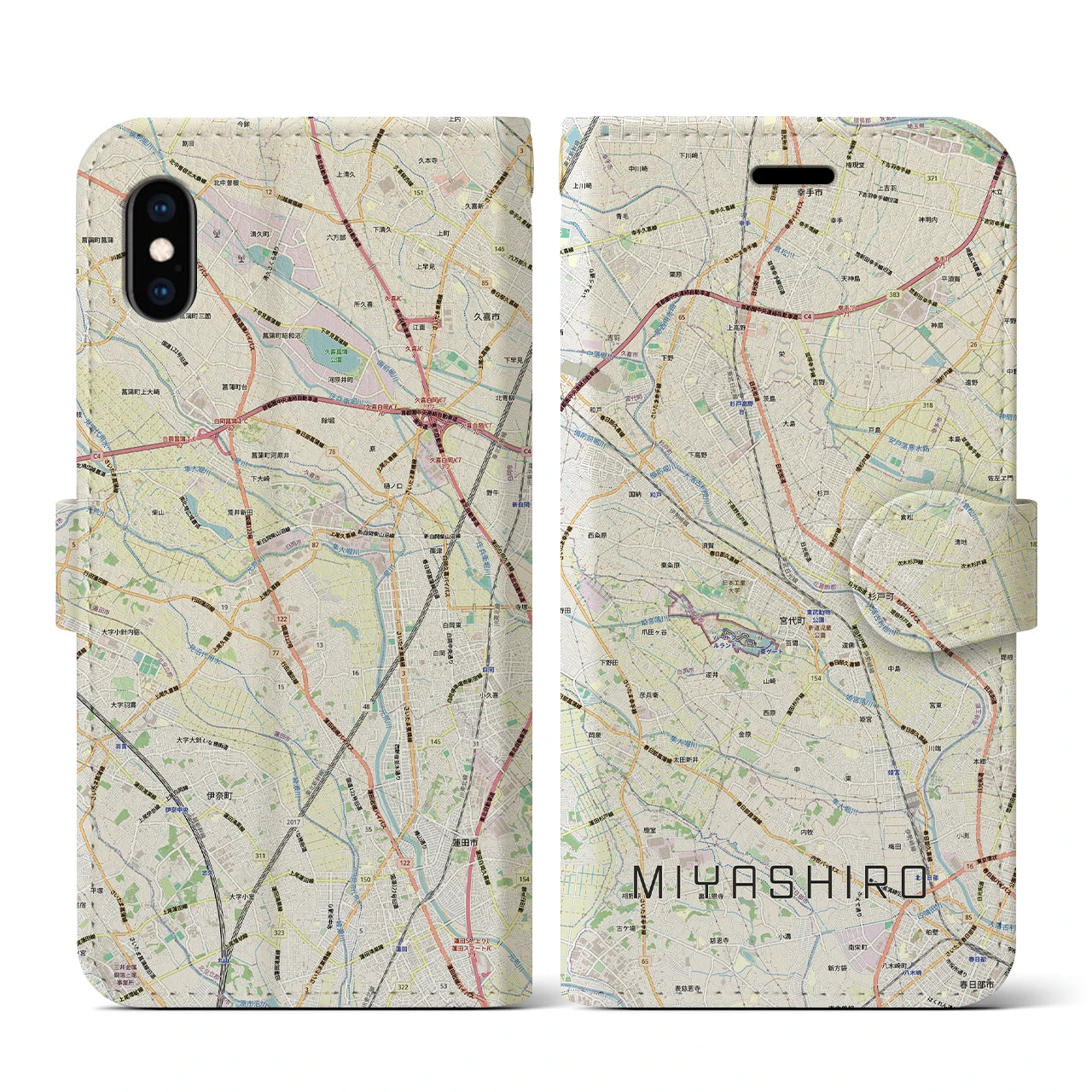 【宮代(埼玉県)】地図柄iPhoneケース(手帳タイプ)ナチュラル・iPhone XS / X 用