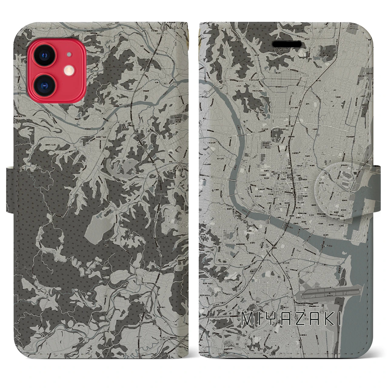 【宮崎2(宮崎県)】地図柄iPhoneケース(手帳タイプ)モノトーン・iPhone 11 用