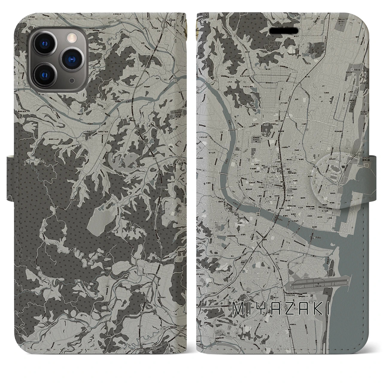 【宮崎2(宮崎県)】地図柄iPhoneケース(手帳タイプ)モノトーン・iPhone 11 Pro Max 用