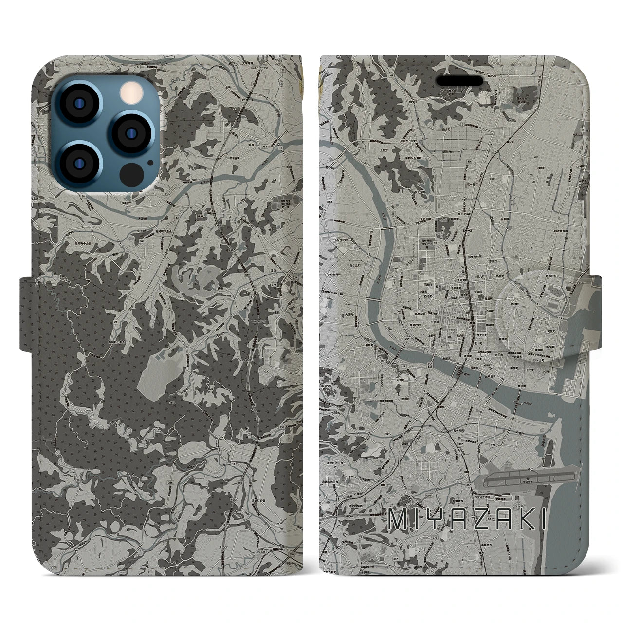 【宮崎2(宮崎県)】地図柄iPhoneケース(手帳タイプ)モノトーン・iPhone 12 / 12 Pro 用