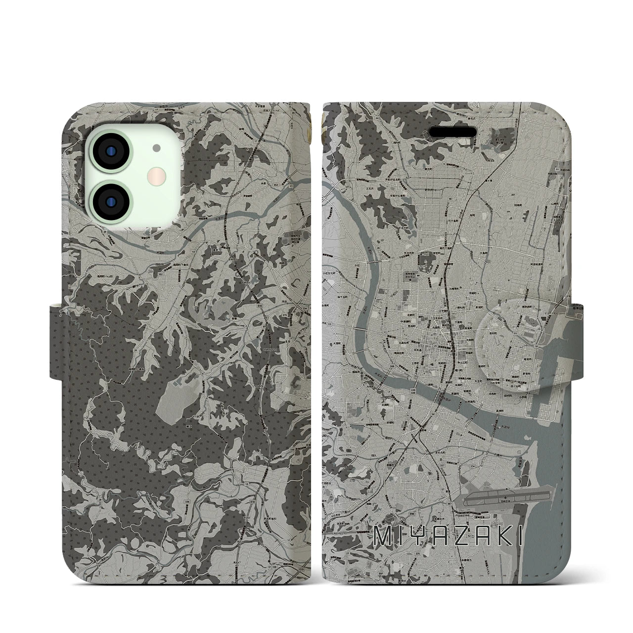 【宮崎2(宮崎県)】地図柄iPhoneケース(手帳タイプ)モノトーン・iPhone 12 mini 用